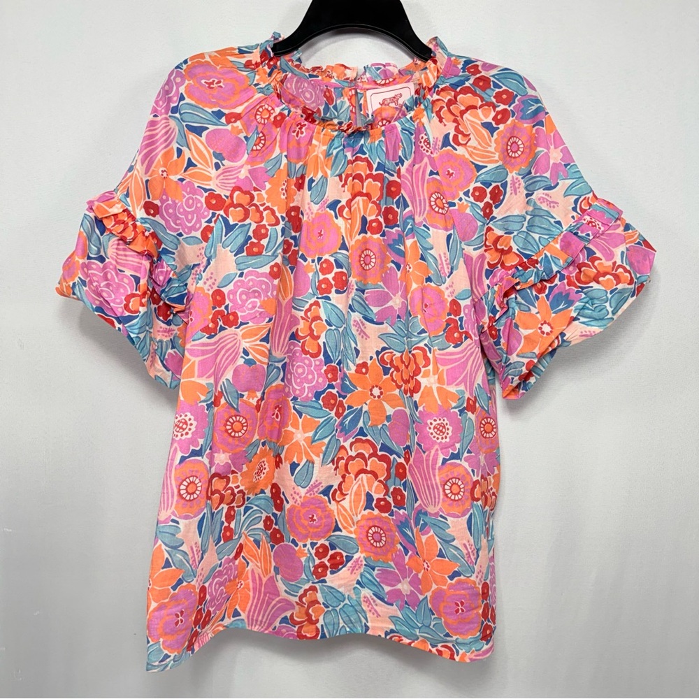 Floral Banjanan Pink Orange Blue Cotton Ruffle Blouse Top Size L Large‎
